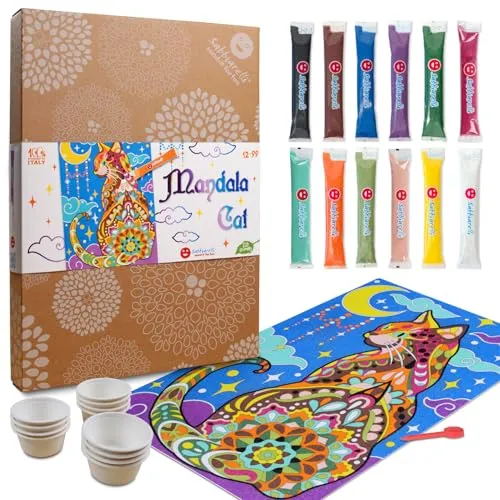 Sabbiarelli Sand-it For Fun – Maxi-Set Mandala Katze 12-99 | Sand-Art-Bastelset 100% Made in Italy mit Farbsand, 1 Selbstklebendem Poster und Zubehör | Kreativhobby für Jugendliche und Erwachsene