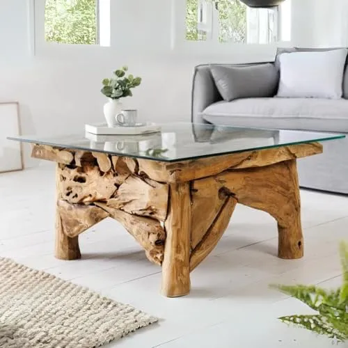 LEBENSwohnART Handgefertigter Teak Couchtisch Seaside 80x80cm - Beistelltisch fürs Wohnzimmer, einzigartiges Unikat aus hochwertigem Teakholz mit maritimem Flair und elegantem Glaselement.