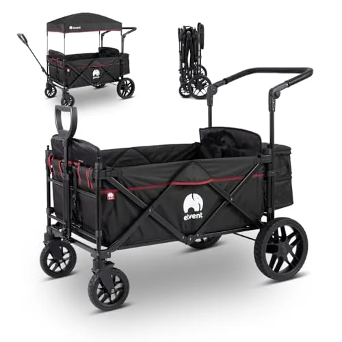 elvent® Allrounder Premium Bollerwagen - faltbar mit Dach | Sitzpolster, Hecktasche, Feststellbremse, Off-Road-Reifen, 5-Punkt-Gurt I 2 Kinder (Schwarz)