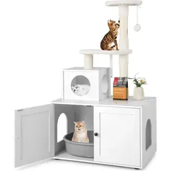 GOPLUS 2-in-1 Katzenbaum mit Katzentoiletten - Moderner Kratzbaum mit versteckter Katzentoilette, ideal für Spiel und Ruhe. Inklusive hängendem Ball und stabilen Kratzpfosten für glückliche Katzen.