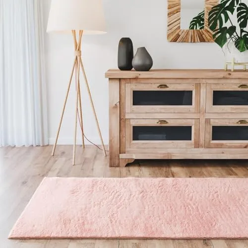 Interiyou Fargo - Teppich Wohnzimmer 80x300 cm Rosa - Kurzflor Waschbar und rutschfest - Flauschiger Fellteppich aus Kunstfell - weicher Langflor Fell