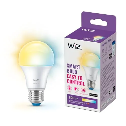 WiZ Smart LED A60 Bulb, Warm to Cool White, E27-Sockel, 60W, 806 Lumen, dimmbar, funktioniert mit Alexa, Google Assistant, und Apple HomeKit, 1er Pack