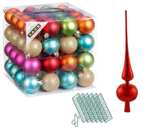 JACK 64x Kunststoff Christbaumkugeln Ø 6cm + Spitze 28cm inkl. Aufhänger Dekor Kugeln Set Weiß Rot Gold Grün Blau Silber, Farbe:Bunt