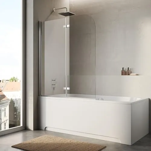 SONNI Duschwand für Badewanne, H12E-120x140 cm, 6 mm Nano, 2-teilig faltbar | Nano-Beschichtung für leichte Reinigung, Hebe-Senk-System, rahmenloses Design, platzsparend zusammenklappbar