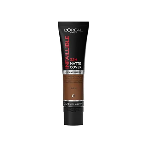 L'Oréal Paris Infaillible 32H Matte Cover Foundation 350, langanhaltendes flüssig-Make-up mit warmem Unterton, hohe Deckkraft, Formel mit 4% Niacinamiden, wasser- und wischfest, 1 x 30ml