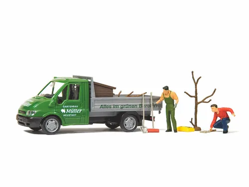 Preiser 33260 Ford Transit mit 2 Figuren Gartenbau Müller Fertigmodell H0 Neu