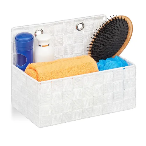 Relaxdays Hängender Aufbewahrungskorb, 4er Set - Hängeregal für Bad, Flur und Schlafzimmer: 4 weiße Körbchen zur platzsparenden Aufbewahrung von Kosmetik und Utensilien, ideal für mehr Ordnung und schnellen Zugriff.