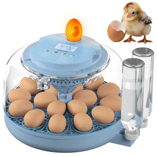 Okköbi 18 Eier Brutautomat Vollautomatisch – Inkubator für Geflügeleier mit automatischem Wenden, Luftfeuchtigkeitskontrolle, Wasserflaschen, Belüftung, 360° Sicht und integriertem Eierprüfer