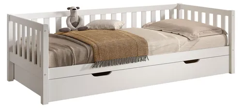 Tagesbett Kapua 90x200 mit Bettschublade aus massivem Kiefernholz - Modernes Tagesbett mit praktischem Stauraum, umbaubar vom Bodenbett zum klassischen Bett. Robuste Kiefer, weiß lackiert, sorgt für eine langlebige Nutzung im Kinder- oder Gästezimmer.