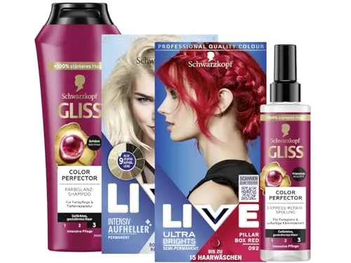Schwarzkopf LIVE Ultra Brights Semi-Permanent STARTER-SET mit Farbe 092 Pillar Box Red (142ml) & Aufheller Max Blonde 00B (142ml) Blondierung & GLISS Shampoo & Express-Repair-Spülung Colour Perfector