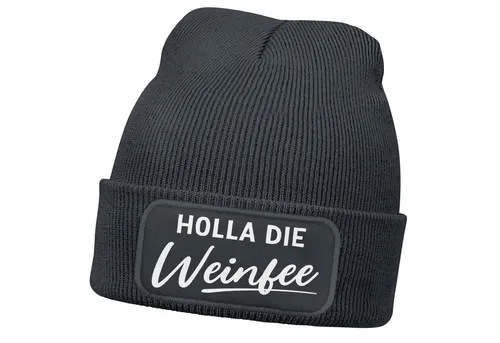 MoonWorks Strickmütze Damen Beanie mit Patch Strickmütze mit Spruch Holla die Weinfee