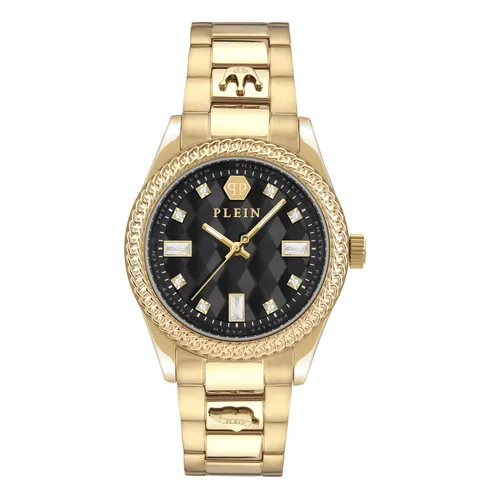 Philipp Plein Damenuhr Queen 38mm - Elegantes Gold-Design - Die stilvolle Philipp Plein Queen Uhr vereint edles Design mit präziser Quarz-Technologie. Wasserdicht bis 5 Bar und mit glitzernden PRECIOSA Steinen, ideal für jeden Anlass.