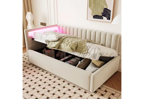 HAUSS SPOLE Schlafsofa 90x200 mit LED-Beleuchtung und hydraulischem Stauraum, Samt, Beige, Daybett Tagesbett mit LED-Beleuchtung, hydraulischem Stauraum & verstellbarem Kopfteil, Samtbezug, Ohne Matratze