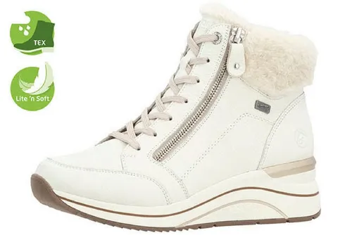 Winterstiefelette REMONTE für Damen, Gr. 39, in sanftem Weiß - Wanderschuhe mit wasserabweisender TEX-Membran, atmungsaktiv und warm gefüttert mit Schurwolle – ideal für kalte Tage und stilvolle Abenteuer.