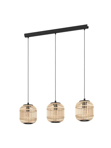 EGLO Pendelleuchte Bordesley, 3-flammige Vintage Hängelampe - Lampen für jeden Raum, stilvolle Kombination aus schwarzem Stahl und natürlichem Holz, schafft faszinierende Licht- und Schatteneffekte.