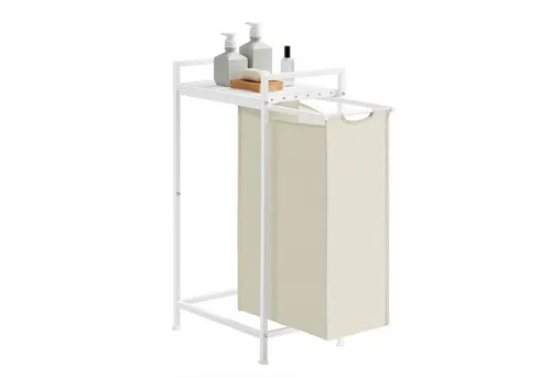 VASAGLE Wäschekorb mit Ablage cremeweiß-wolkenweiß - Wäschesammler mit zusätzlicher Ablage für Waschmittel, ideal für kleine Räume dank kompaktem Design und optimaler Luftzirkulation durch Lamellen-Design.