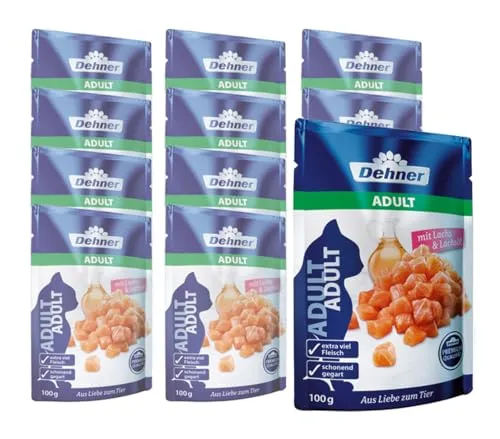 Dehner Premium Katzenfutter, Nassfutter gereidefrei, für ausgewachsene Katzen, Lachs, 12 x 100 g Beutel (1.2 kg)