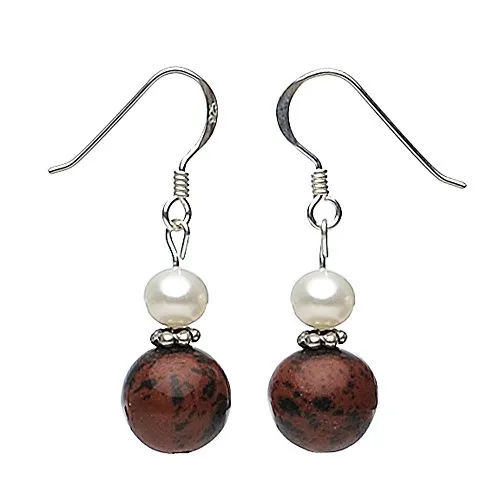 Ohrringe Ohrhänger Obsidian & Perlen Süßwasserperlen 925 Silber braun schwarz gefleckt