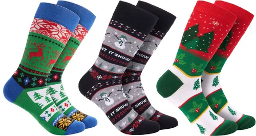 BRUBAKER Socken 3 Paar Weihnachtssocken - Lustige Socken für Damen und Herren (mit Weihnachtsmotiven - Weihnachtsmuster - Let it Snow, 3-Paar, Baumwollsocken) - Grün und Rot - Geschenk Weihnachten