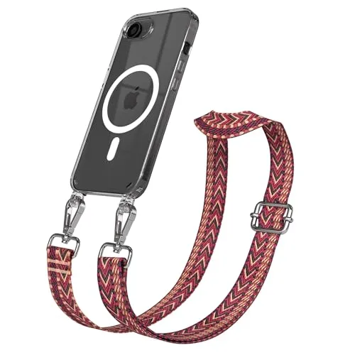 EAZY CASE Handykette - Verstellbares Taschenband kompatibel mit iPhone 16e, Schulterriemen, Handykordel mit Silikon Hülle, Qi Charging kompatibel, Umhängetasche, Rot Braun Silber