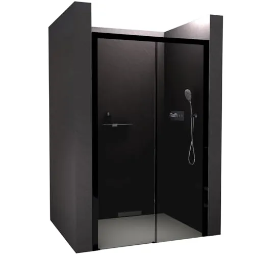 Nischendusche DX906 FLEX mit Schiebetür - Soft-Close - 8 mm Graues Glas - Schwarz Matt - Platzsparende Nischendusche mit elegantem Schiebetür-System und Soft-Close-Technik. 8 mm ESG-Sicherheitsglas sorgt für Sicherheit. Flexible Montage und einfache Reinigung durch Nano-Beschichtung.