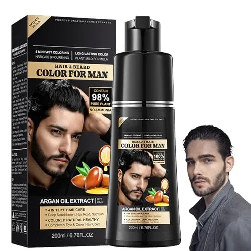 Haarfarbe Schwarz,Haarfärbeshampoo Schwarz mit Arganöl,200ml Pflanzen Haarfarbe für Männer,Natürliche Grauabdeckung,Mildes Color Shampoo,Dauerhafte S-chwarze Haar-farbe