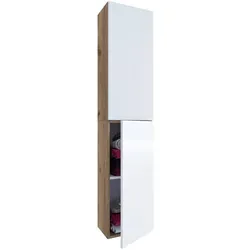 VCM Bad-Hängeschrank Lendas 915280 - Hochglanz Weiß & Eiche - Bad-Hochschrank mit 4 Fächern und Push-to-open Türen, ideal für Stauraum von Handtüchern und Kosmetik. Aus feuchtigkeitsbeständigem MDF, Maße: 33 x 150 x 22 cm.