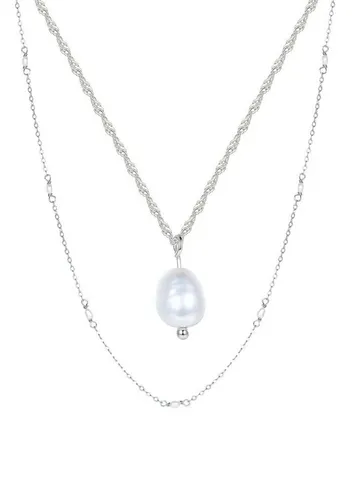 Hey Happiness Perlenketten-Set Damen 2-tlg., Schmuckset, Layer Halskette Silber 925 mit weißen Perlen, Brautschmuck