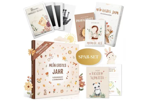 Eulentaler Tagebuch Babyalbum Sparset - Tagebücher für das erste Jahr deines Babys, inklusive hochwertigem Abdruckset und 48 Meilensteinkarten für kreative Erinnerungen.
