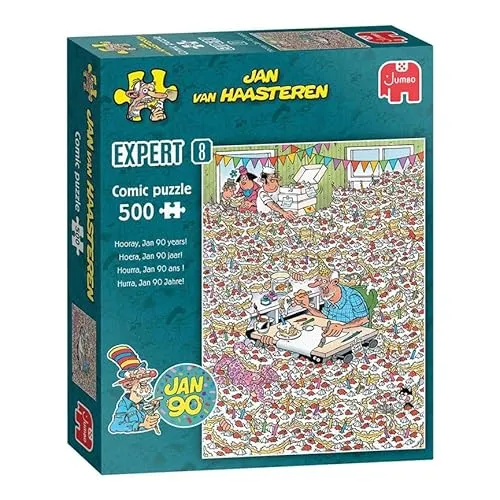 Jumbo Jan Van Haasteren Expert 8 – Hurra, Jan Wird 90! – 500 Teile für Erwachsene – Großes Puzzle – 100% Recycelter Karton – Lustiges, Kniffliges Puzzle für Geburtstag & Weihnachten, 49 x 35 cm