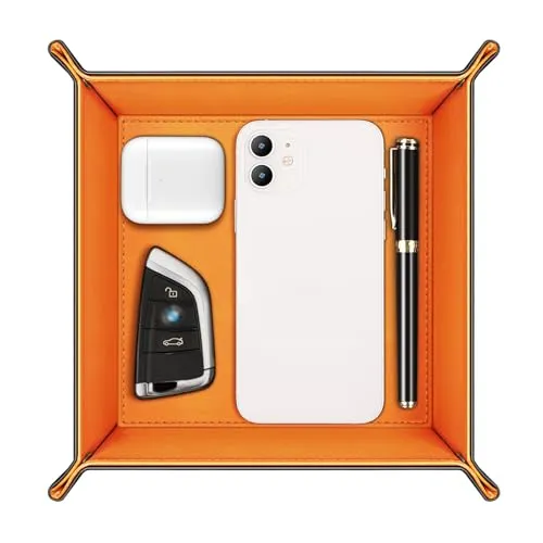 SITHON Taschenleerer - Tablett Organizer, Ablage Aufbewahrungsbox, Kunstleder Ablageschale Schlüsselschale für Uhren Handy Schmuck Schlüssel Münzen Geldbörse und Büroausstattung, (Schwarz/Orange)