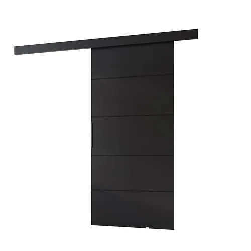 MINIO go for it - Schiebetüren, Schiebetür Zimmertür PRIM 1K, Schiebetürsystem für Zimmer, Wandmontage, Türe Innen - Dekorleiste, Oberblende, Türgriff in Schwarz (Schwarz, 96 x 205 x 1,6 cm)