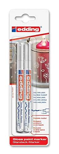 edding 751 Glanzlackmarker - weiß - Packung mit 2 Lackmarker - Rundspitze 1-2 mm - Lackstift für Glas, Stein, Holz, Kunststoff und Papier - wasserfest, stark deckend