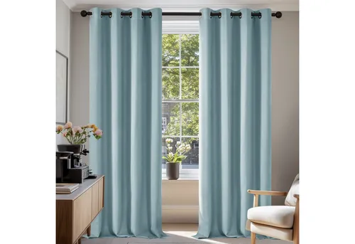 Deconovo Verdunkelungsvorhang Ösen 2er Set, Himmelblau, 245x140 cm - Elegante Verdunkelungsvorhänge in Himmelblau, 245x140 cm, im 2er Set. Sie bieten optimalen Sichtschutz und reduzieren Lärm, ideal für Schlaf- und Wohnzimmer. Pflegeleicht und einfach anzubringen.