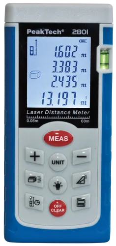 PeakTech Laser-Entfernungsmesser P 2801 – 60m Messbereich - Messgeräte mit beleuchtetem Display und hoher Genauigkeit von +/- 1,5 mm. Ideal für präzise Längen-, Flächen- und Volumenmessungen.