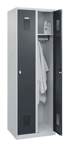 CP-Möbel Spind Basis PLUS, anthrazit, 2 Abteile - Robuster Metallspind mit 2 Abteilen, ideal für Schulen oder Fitnessstudios. Ausgestattet mit Drehriegelschloss, optimaler Belüftung und praktischen Schiebehaken.