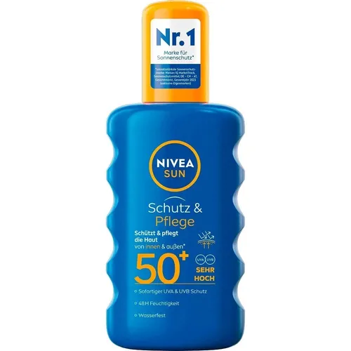 NIVEA SUN Schutz & Pflege Sonnenspray LSF 50+ - Sonnenschutz Spray mit 48h Pflege, wasserfest und ideal für alle Hauttypen. Schützt zuverlässig vor UV-Strahlen und bietet intensive Feuchtigkeit dank Aloe Vera.