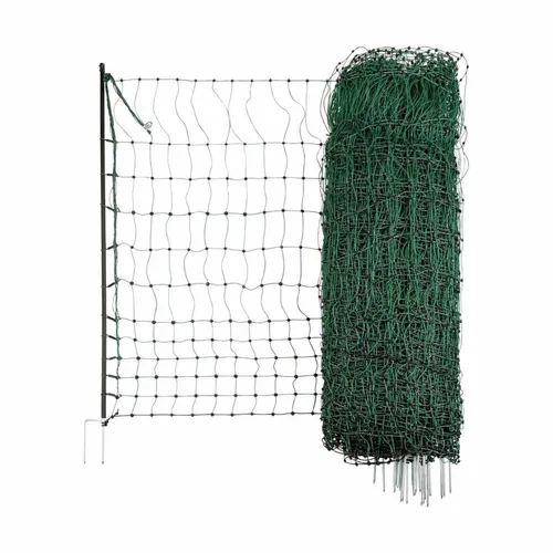 Kerbl Geflügelnetz 15m x 106cm - Elektrifizierbar und stabil - Sichere Gehegegrenzen mit diesem elektrifizierbaren Geflügelnetz. Extrem stabil mit fest verschweißten Knotenpunkten und robusten Pfählen für optimalen Halt. Ideal zum Schutz von Jungtieren.
