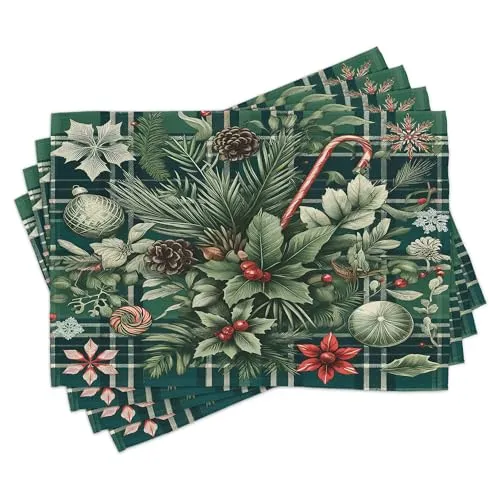 ABAKUHAUS Platzmatten, Weihnachtsbeeren Bonbonkunst, Waschbare Stoff Esszimmer Küche Tischdekorations Digitaldruck, Jadegrün Zinnoberrot