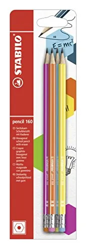 STABILO - Bleistift mit Radierer - pencil 160 in pink, blau, orange, gelb - 4er Pack - Härtegrad HB