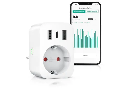 BEARWARE WLAN-Steckdose mit USB, 2,4Ghz WiFi Fernsteuerung per Smart life App, Sprachsteuerung, Zeitschaltuhr, Energiekostenmessgerät, USB-Ladegerät, Countdown Timer