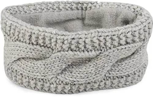 styleBREAKER Damen Stirnband Grobstrick mit Zopfmuster und Pailletten, warmes Fleece Innenfutter, Haarband, Headband 04026002, Farbe:Hellgrau