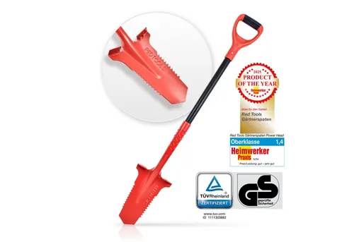 Red Tools Gärtnerspaten Power Head - Multitalent mit Wurzelsäge - Golfzubehör für anspruchsvolle Gartenarbeiten – ideal für steinige Böden mit hochwertigem Spatenblatt und ergonomischem Soft-Touch-Griff.