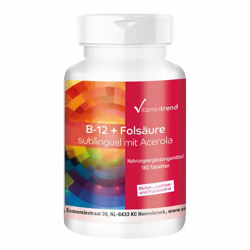 Vitamin B12 & Folsäure sublingual - 180 Tabletten mit Acerola VEGAN Vitamintrend