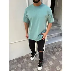 Oversize Herren Kurzarm T-Shirt Weiter Auschnitt Extra Lang Rundhals Dicker Stoff Herrenshirt 2XL Mintgrün
