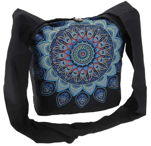 Bestickte Boho Tasche, Schulterbeutel mit Mandala, Nepalbeutel - schwarz/türki