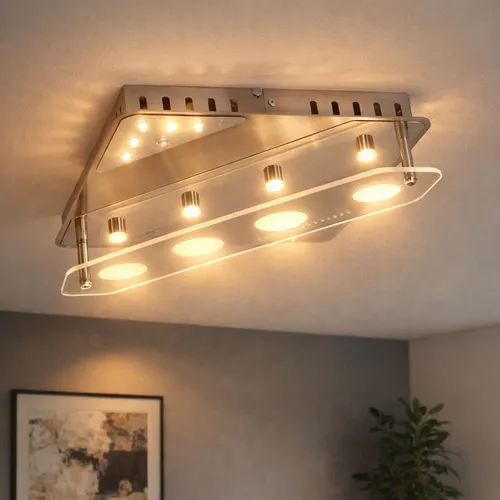 Design Decken Beleuchtung Glas satiniert verchromt Wohn Zimmer Deckenlampe LED