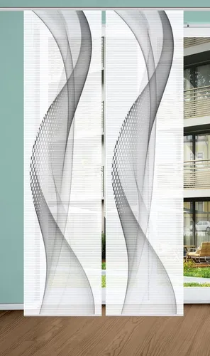 HOME in green NEVOLA Schiebegardine 84099 - Schiebegardinen-Set aus recyceltem Polyester, halbtransparent mit modernem Grafikmotiv in Grau oder Beere, ideal für nachhaltige Wohnakzente.