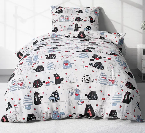 2tlg. Renforce Bettwäsche Katzen 135x200 aus 100% Baumwolle - Bettwäschegarnitur für Kinder, ideal für alle Jahreszeiten, pflegeleicht und allergikerfreundlich mit modernen Katzenmotiven.