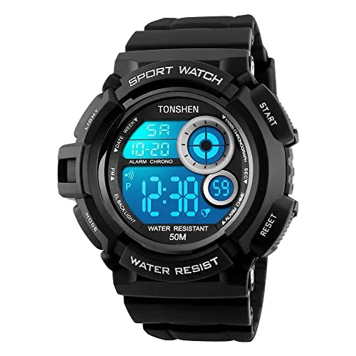 TONSHEN Herren Multifunktion Outdoor Militär Uhren Digitaluhr Sportuhr Mehrfarbig LED Licht 50M Wasserdicht Groß Plastik Lünetten mit Kautschuk Band Armbanduhr (Schwarz)
